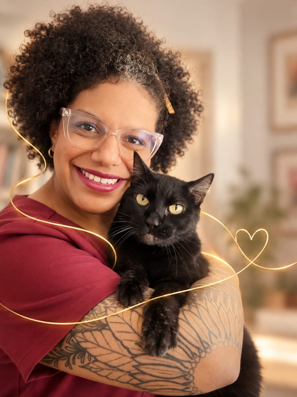 Debee Paulino sorrindo, segurando a gata preta mIAr no colo, com óculos transparentes e tatuagem no braço